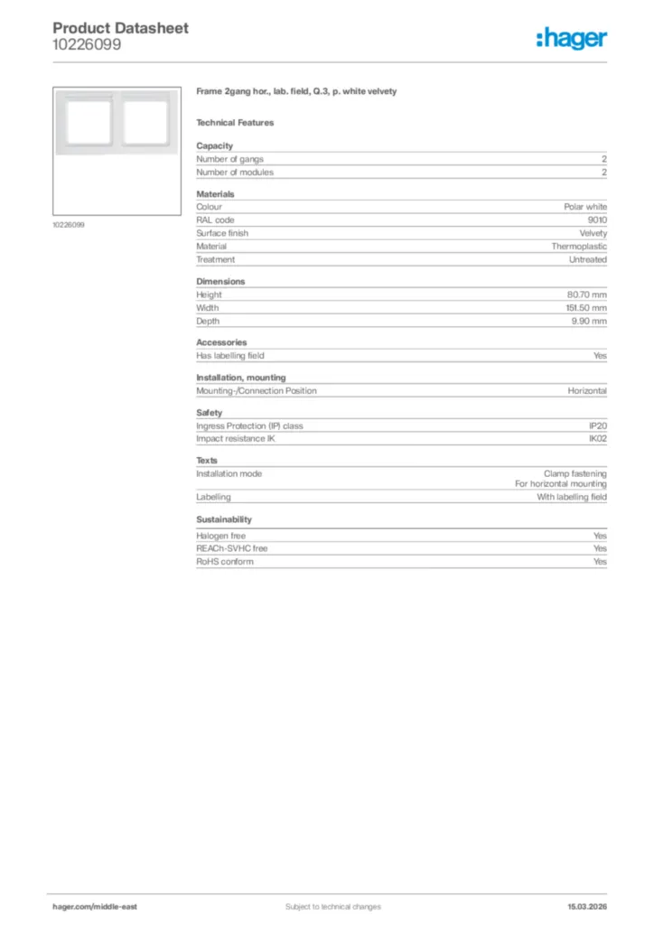 Image Hager Product data sheet 10226099  | Hager