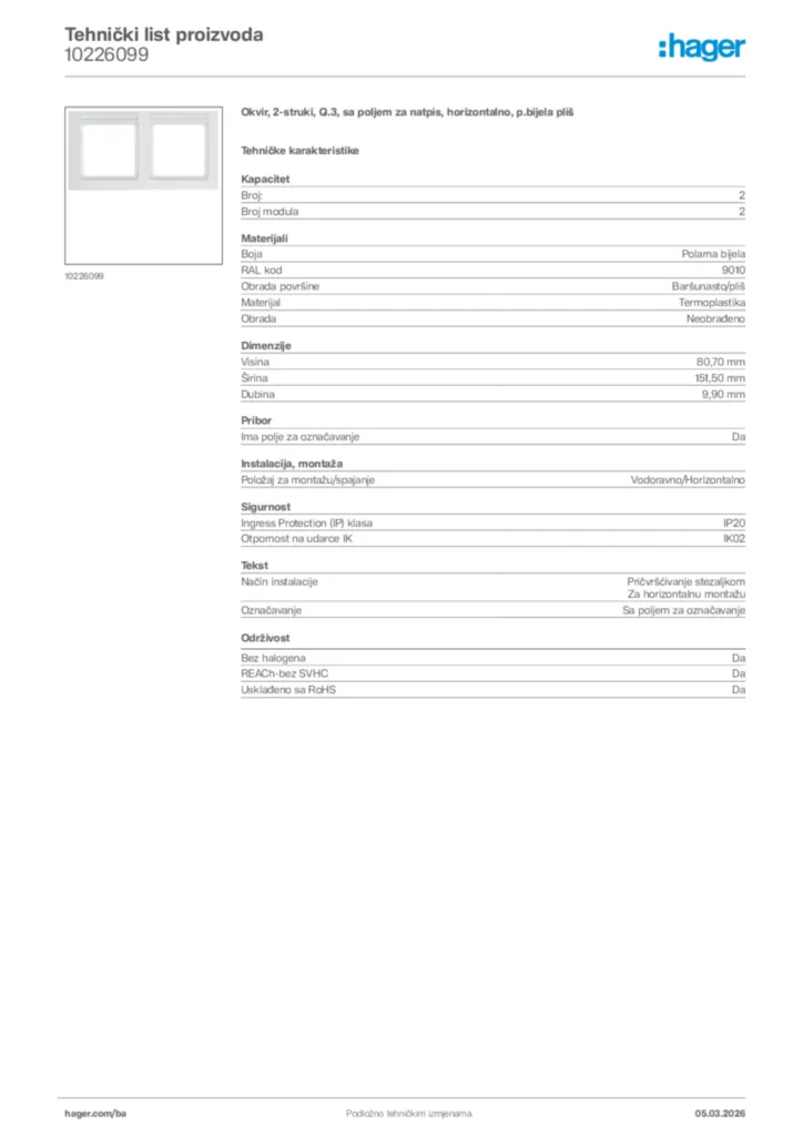 Slika Hager Tehnički list proizvoda 10226099  | Hager