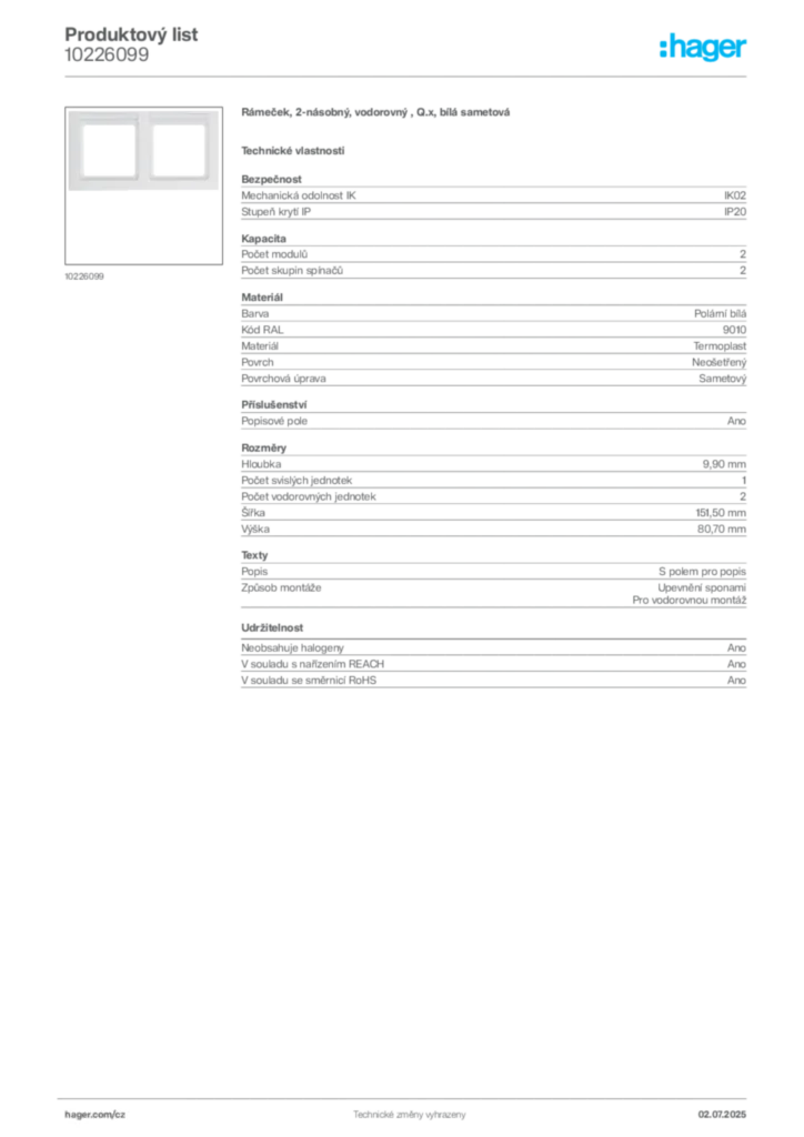 Obrázek Hager Produktový list 10226099 | Hager