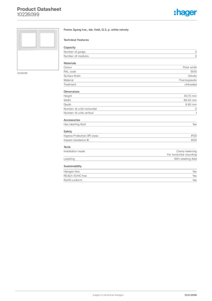 Image Hager Product data sheet 10226099  | Hager