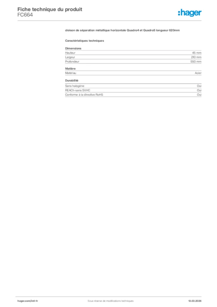 Image Hager Fiche technique du produit FC664 | Hager Afrique