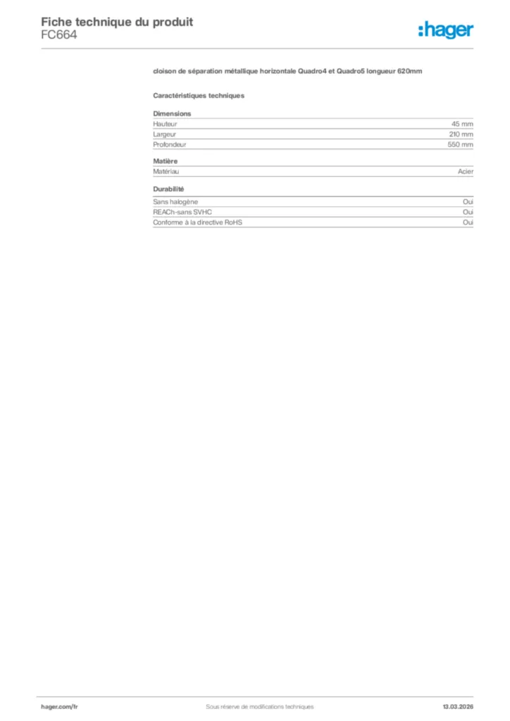 Image Hager Fiche technique du produit FC664 | Hager France