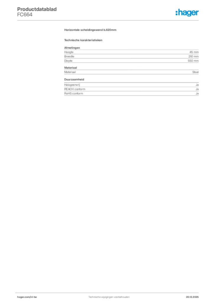 Afbeelding Hager Productdatablad FC664 | Hager Belgium