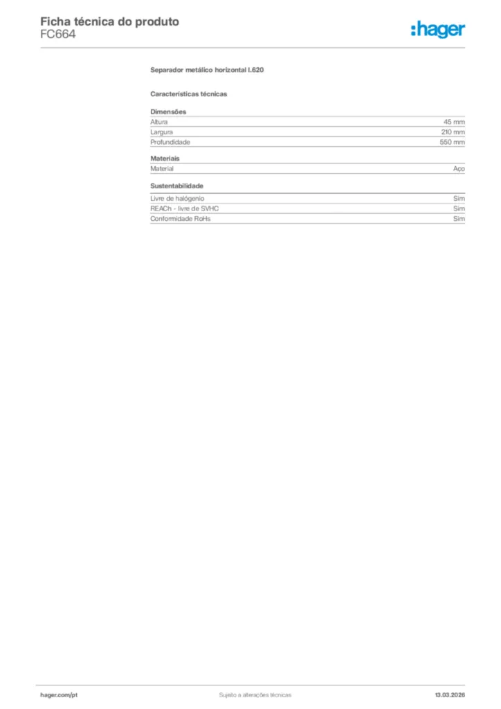 Imagem Hager Ficha técnica do produto FC664 | Hager Portugal