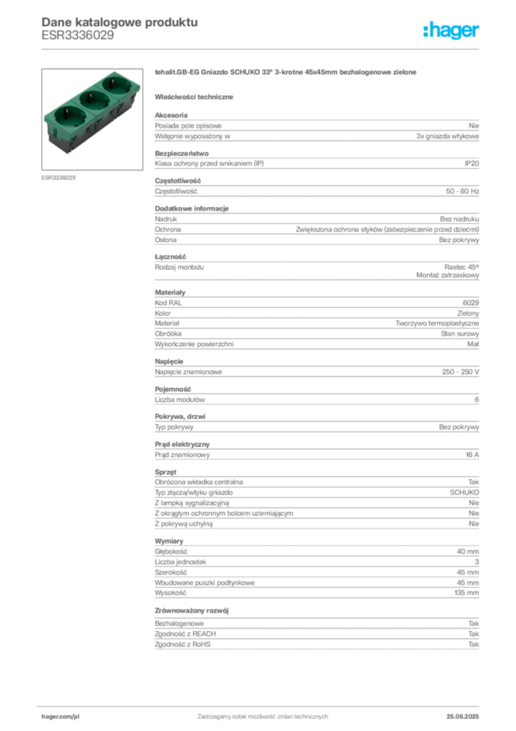 Zdjęcie Hager Dane katalogowe produktu ESR3336029 | Hager Polska