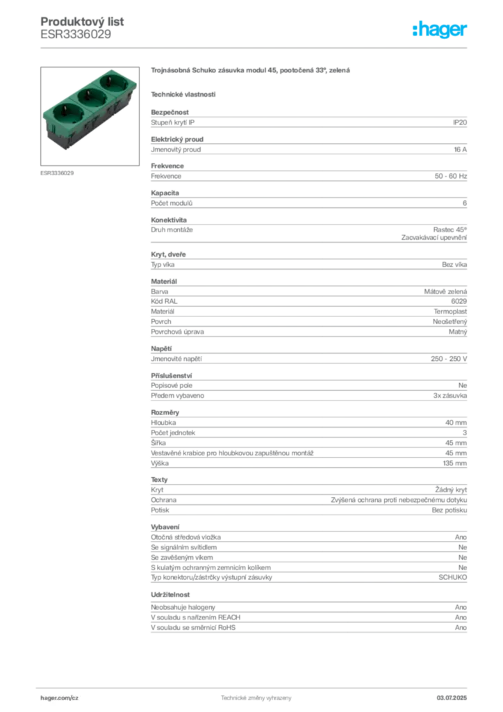 Obrázek Hager Produktový list ESR3336029 | Hager