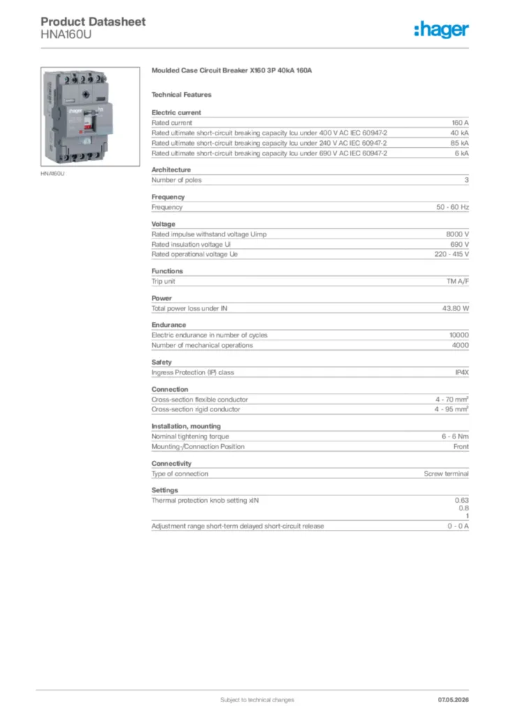 Image Hager Product data sheet HNA160U  | Hager Africa