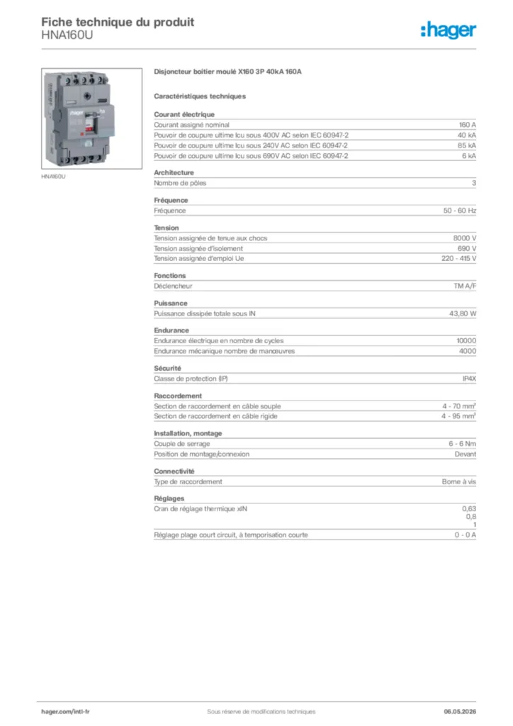 Image Hager Fiche technique du produit HNA160U | Hager Afrique