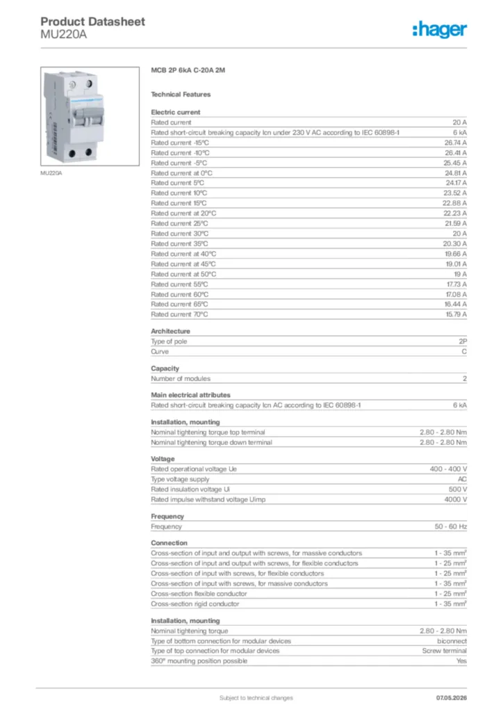 Image Hager Product data sheet MU220A  | Hager Africa