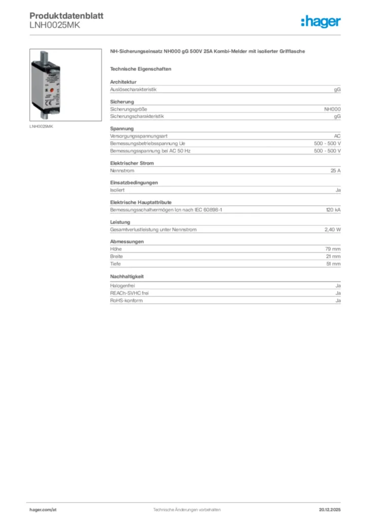 Bild Hager Produktdatenblatt LNH0025MK | Hager Deutschland