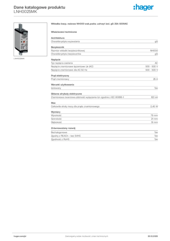 Zdjęcie Hager Dane katalogowe produktu LNH0025MK | Hager Polska