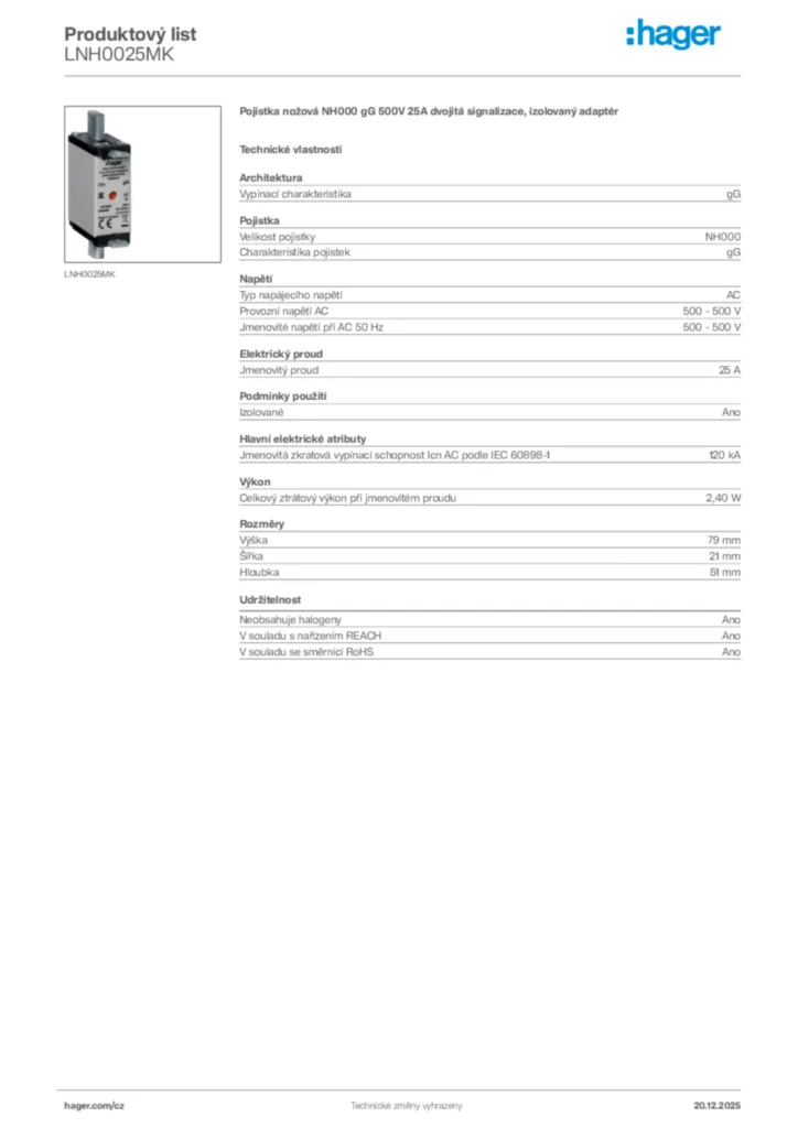 Obrázek Hager Produktový list LNH0025MK | Hager