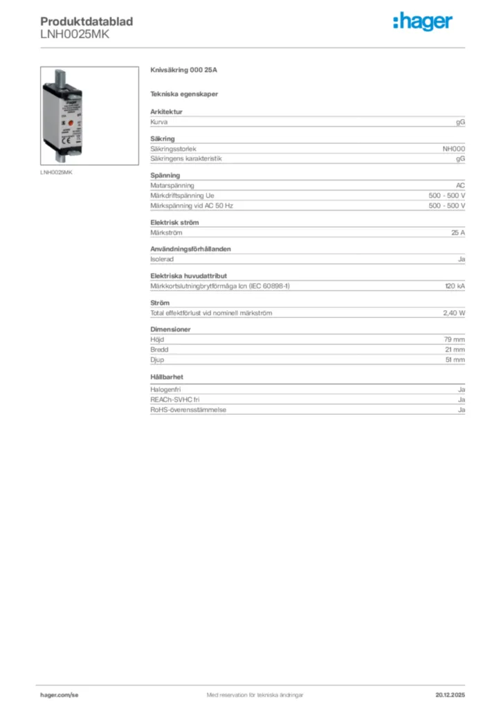 Bild Hager Produktdatablad LNH0025MK | Hager Sverige