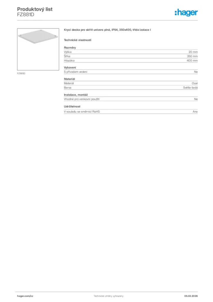 Obrázek Hager Product data sheet FZ881D | Hager
