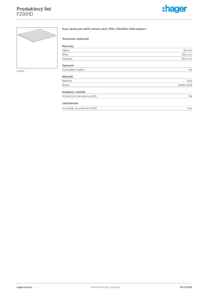 Obrázek Hager Produktový list FZ881D | Hager