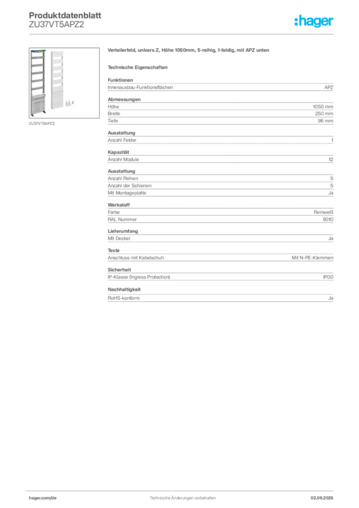 Bild Hager Produktdatenblatt ZU37VT5APZ2 | Hager Deutschland