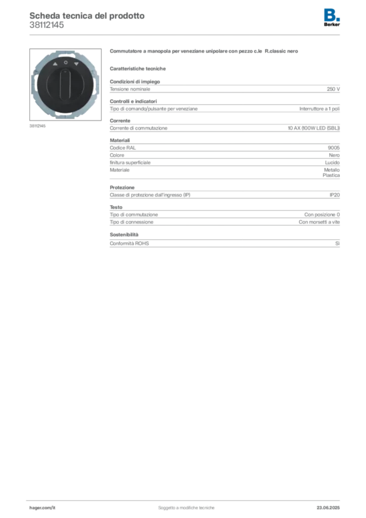 Immagine Berker Scheda tecnica del prodotto 38112145 | Hager Italia