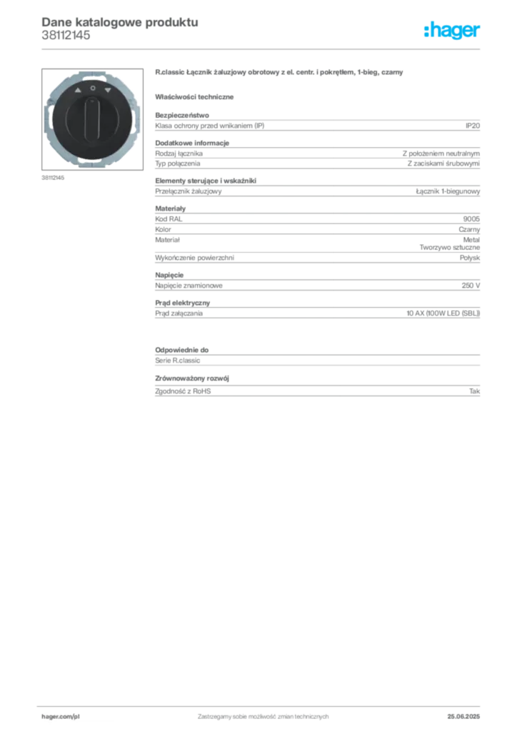Zdjęcie Hager Dane katalogowe produktu 38112145 | Hager Polska
