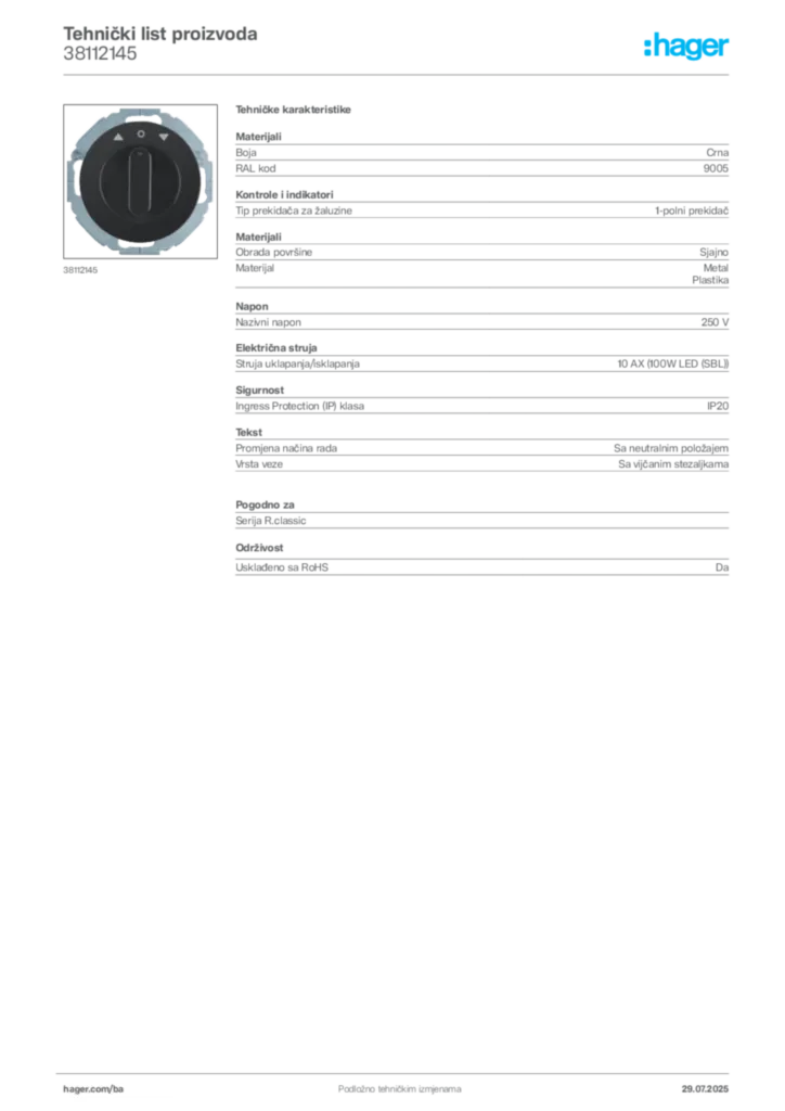 Slika Hager Product data sheet 38112145  | Hager