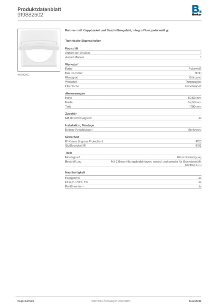 Bild Berker Produktdatenblatt 919882502 | Hager Deutschland