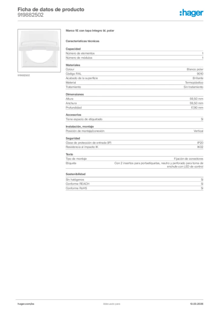 Imagen Hager Ficha de datos de producto 919882502 | Hager España