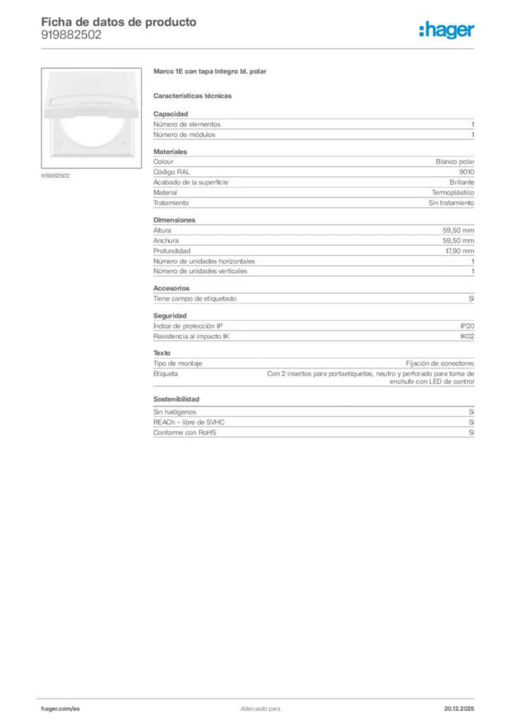 Imagen Hager Ficha de datos de producto 919882502 | Hager España