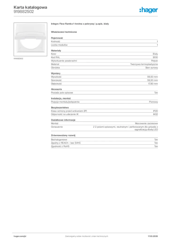 Zdjęcie Hager Karta katalogowa 919882502 | Hager Polska