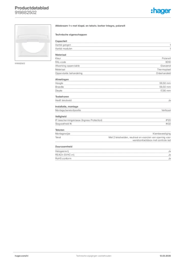 Afbeelding Hager Productdatablad 919882502 | Hager Nederland