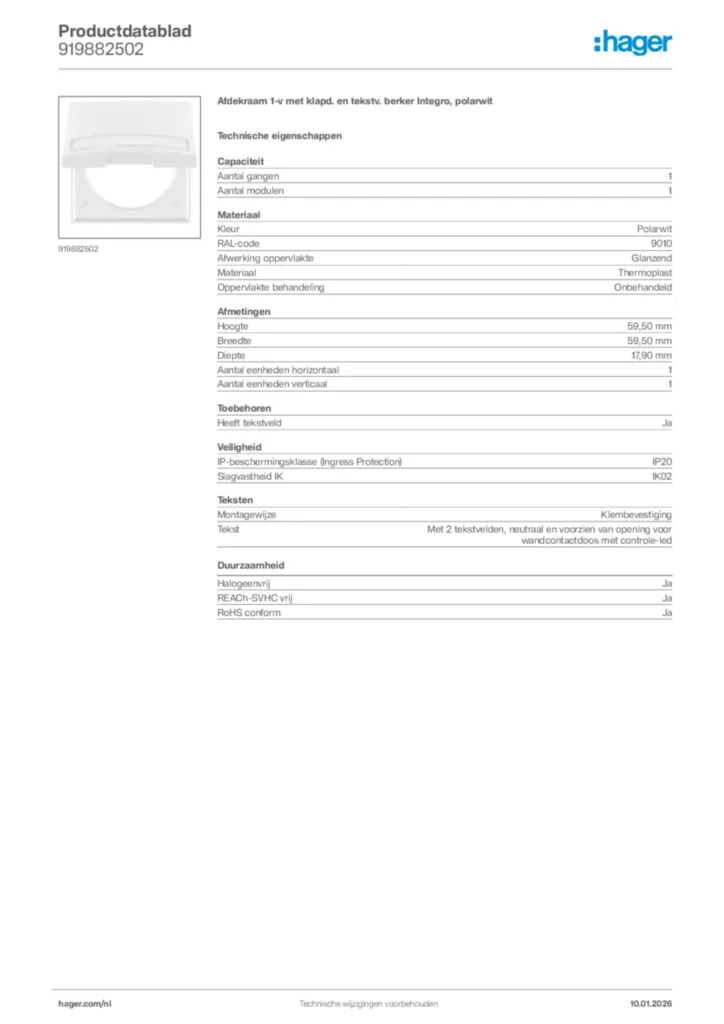 Afbeelding Hager Productdatablad 919882502 | Hager Nederland