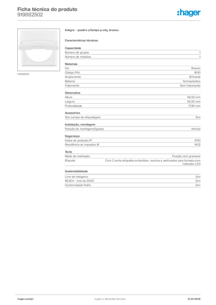 Imagem Hager Ficha técnica do produto 919882502 | Hager Portugal