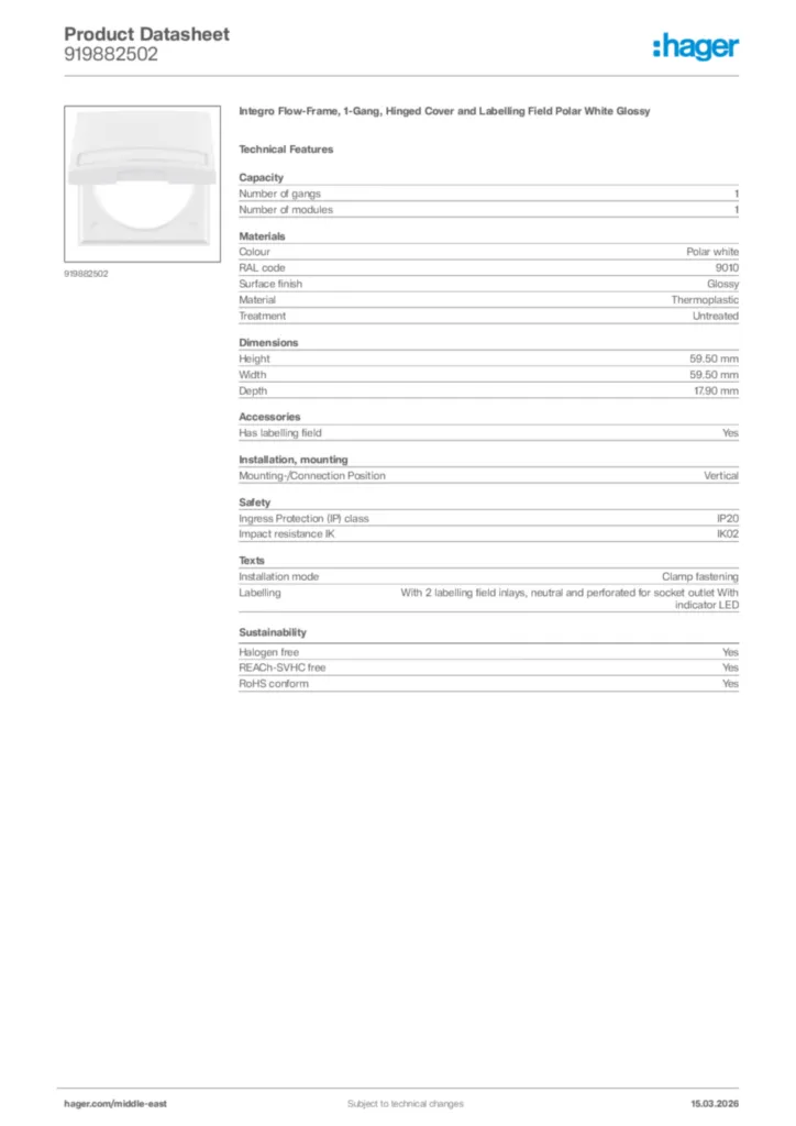 Image Hager Product data sheet 919882502  | Hager