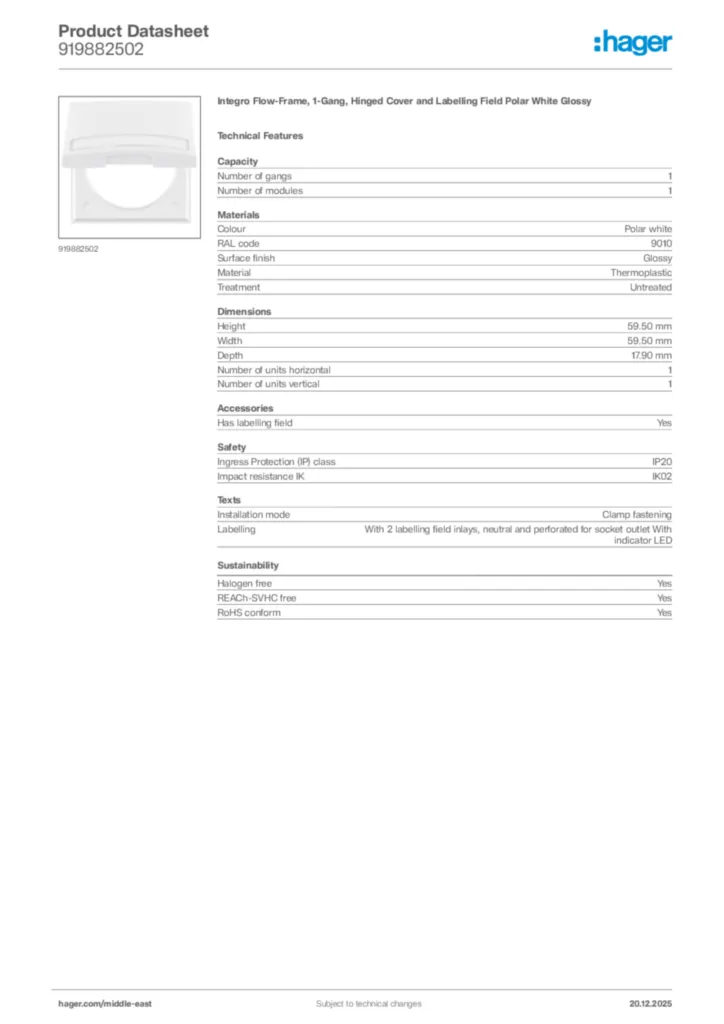 Image Hager Product data sheet 919882502  | Hager