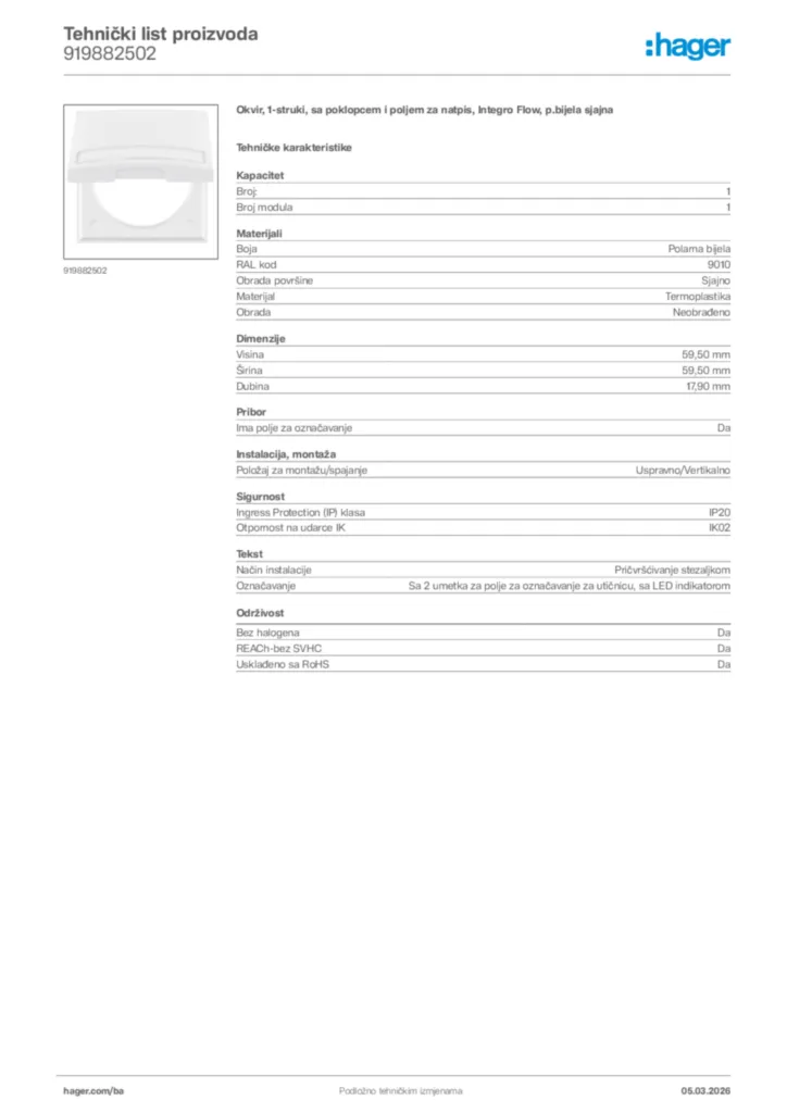Slika Hager Tehnički list proizvoda 919882502  | Hager