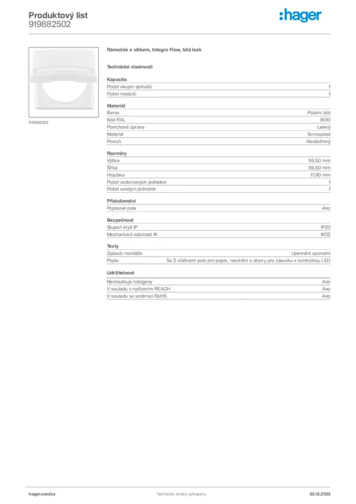 Obrázek Hager Produktový list 919882502 | Hager