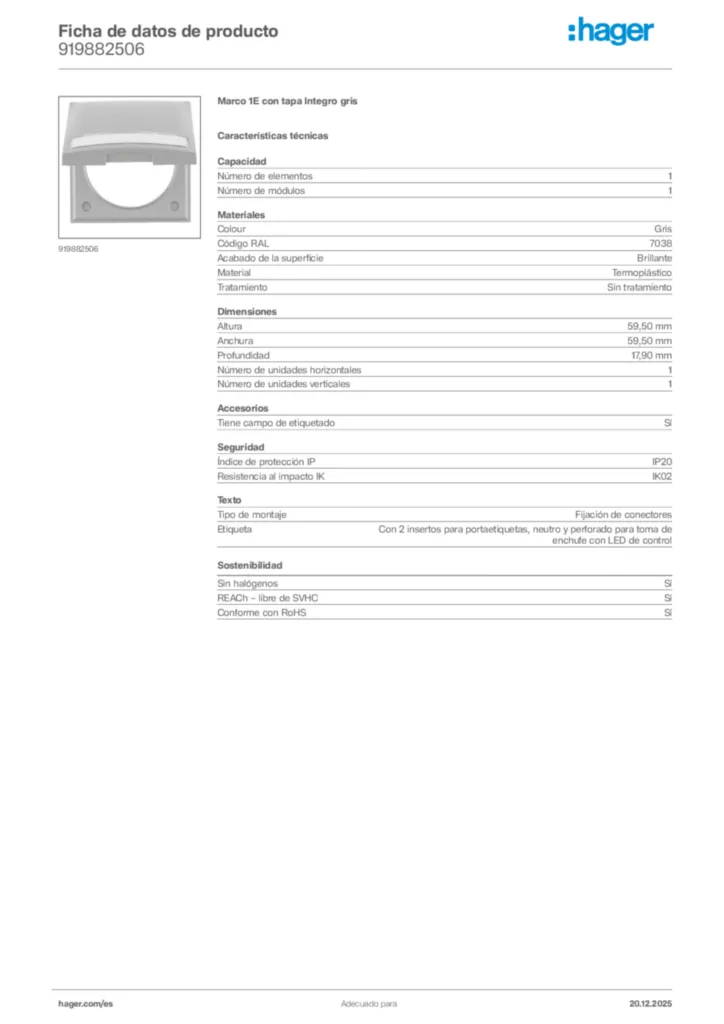 Imagen Hager Ficha de datos de producto 919882506 | Hager España