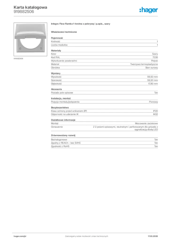 Zdjęcie Hager Karta katalogowa 919882506 | Hager Polska