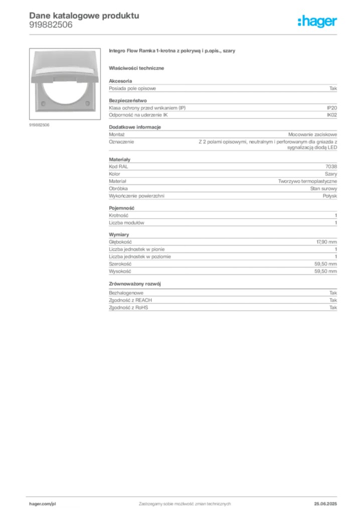 Zdjęcie Hager Dane katalogowe produktu 919882506 | Hager Polska