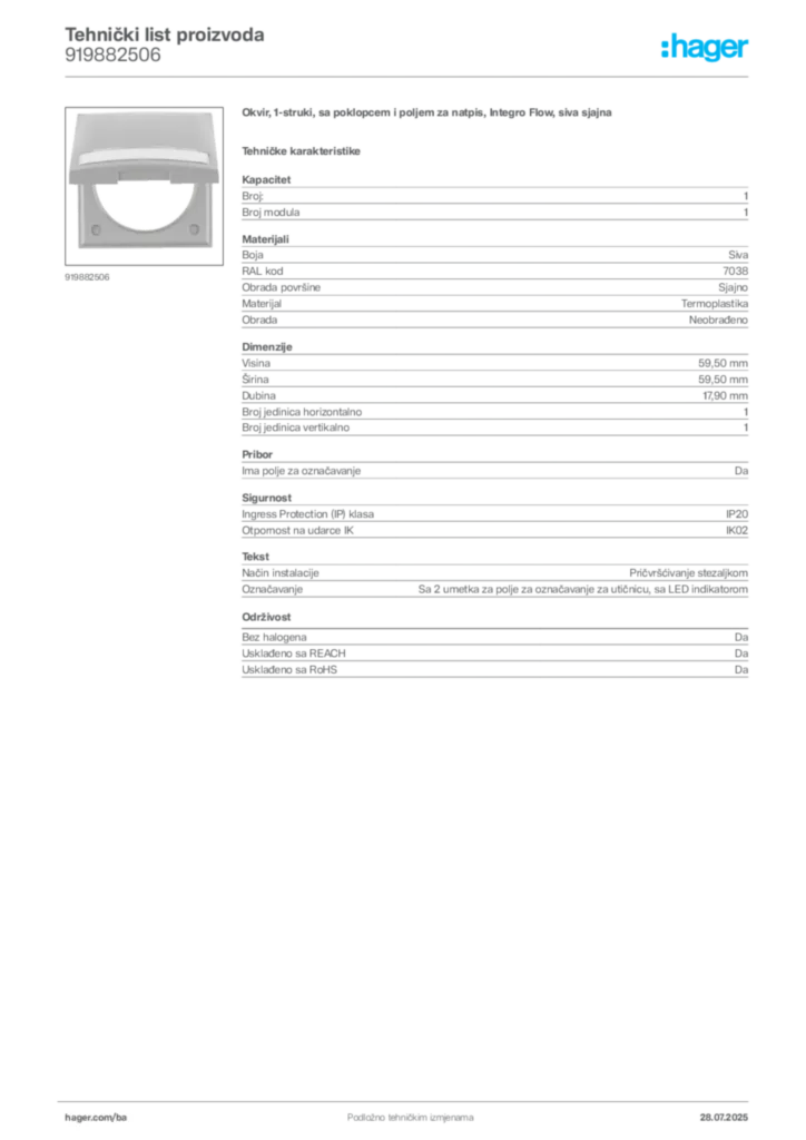 Slika Hager Product data sheet 919882506  | Hager