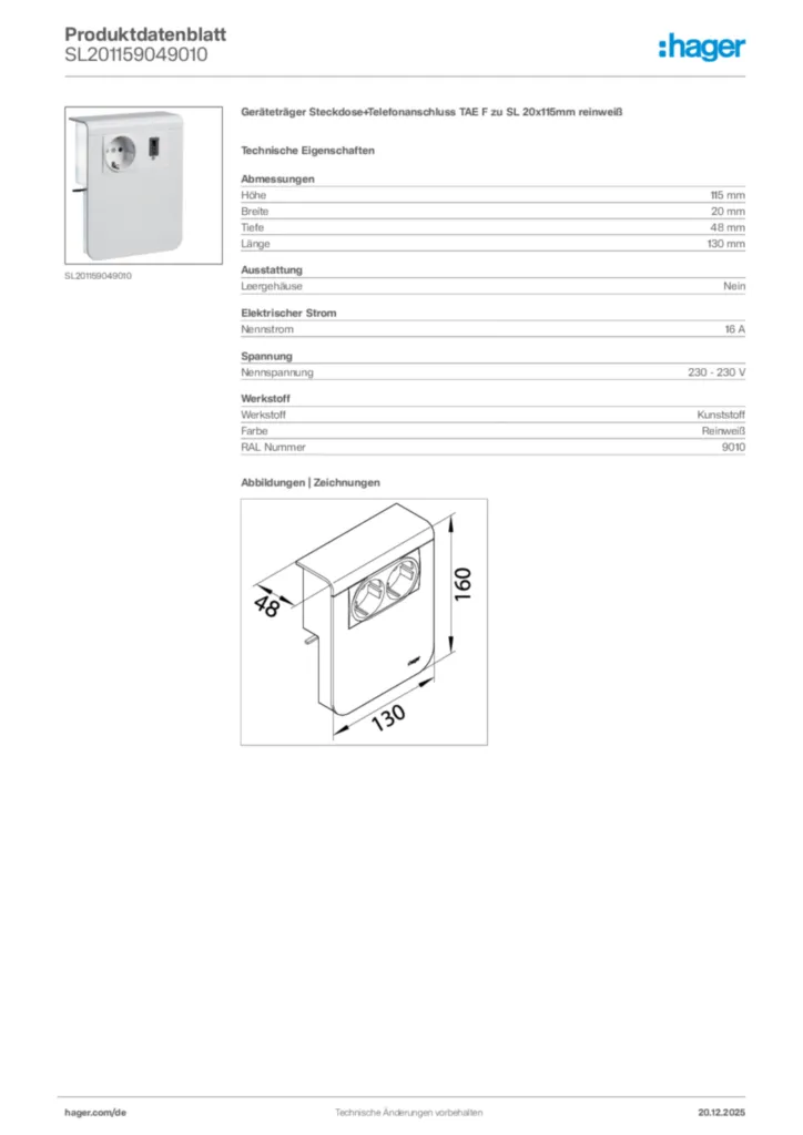 Bild Hager Produktdatenblatt SL201159049010 | Hager Deutschland