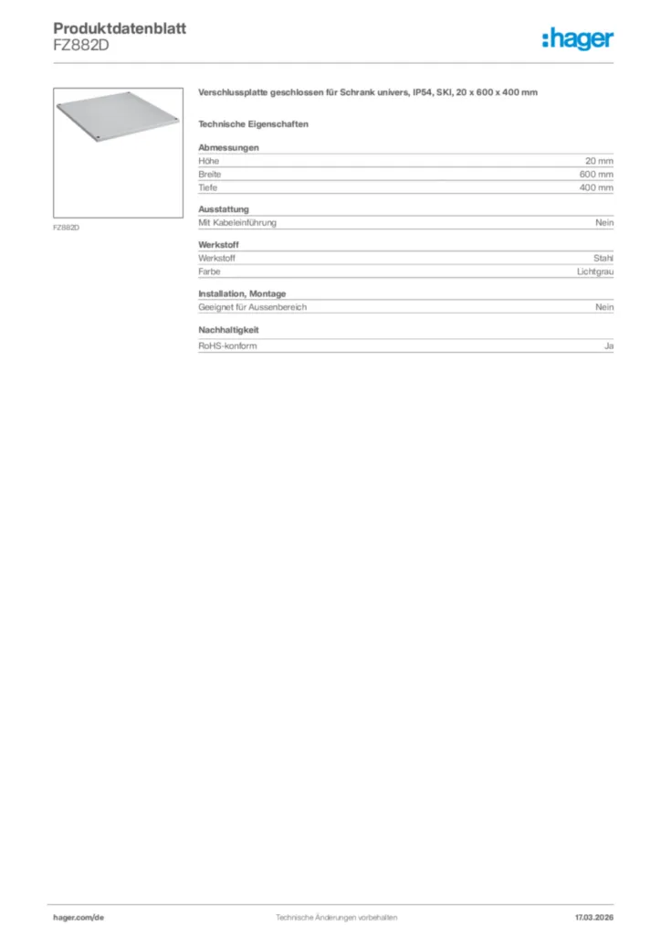 Bild Hager Produktdatenblatt FZ882D | Hager Deutschland