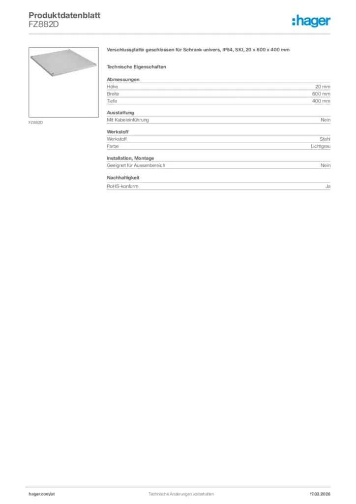 Bild Hager Produktdatenblatt FZ882D | Hager Deutschland
