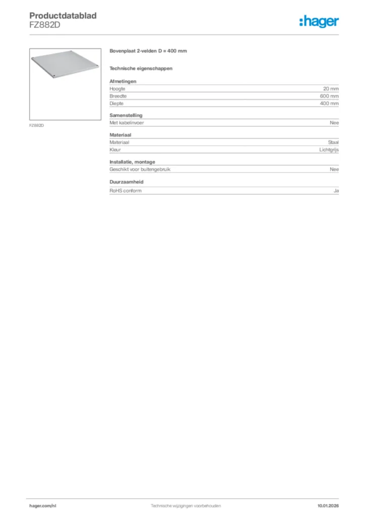 Afbeelding Hager Productdatablad FZ882D | Hager Nederland