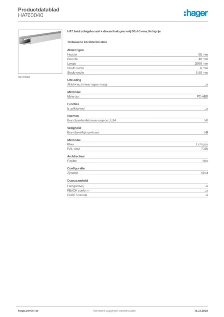 Afbeelding Hager Productdatablad HA760040 | Hager Belgium