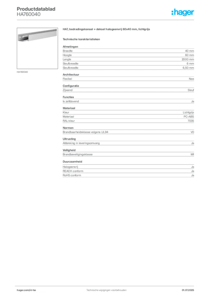 Afbeelding Hager Productdatablad HA760040 | Hager Belgium