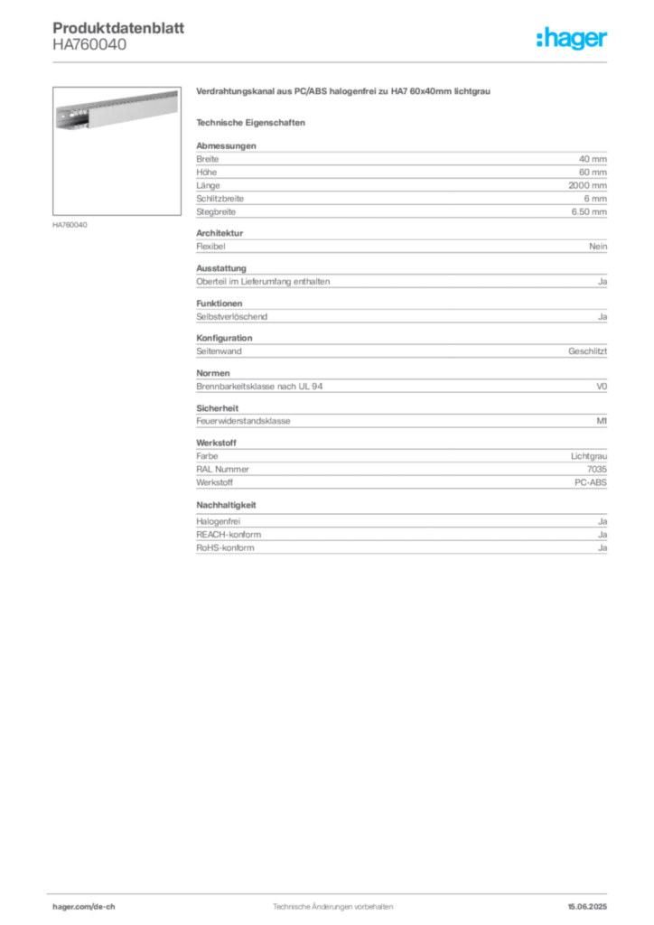 Bild Hager Produktdatenblatt HA760040 | Hager Schweiz