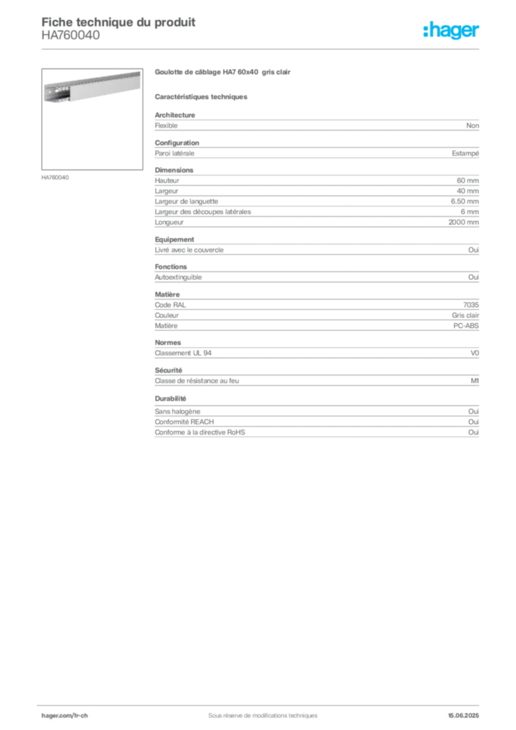 Image Hager Fiche technique du produit HA760040 | Hager Suisse