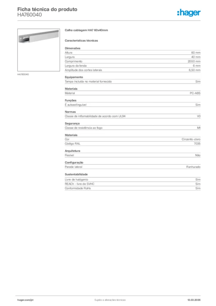 Imagem Hager Ficha técnica do produto HA760040 | Hager Portugal