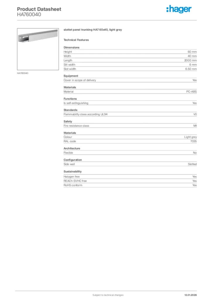 Image Hager Product data sheet HA760040  | Hager
