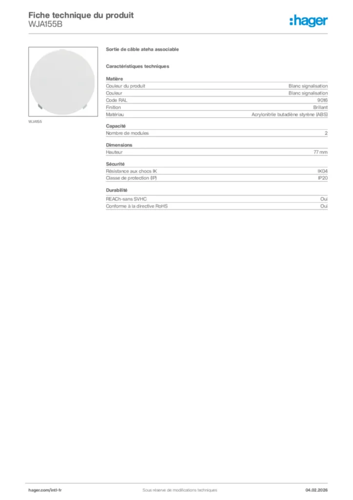 Image Hager Fiche technique du produit WJA155B | Hager Afrique