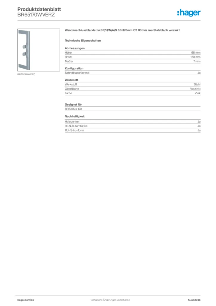Bild Hager Produktdatenblatt BR65170WVERZ | Hager Deutschland